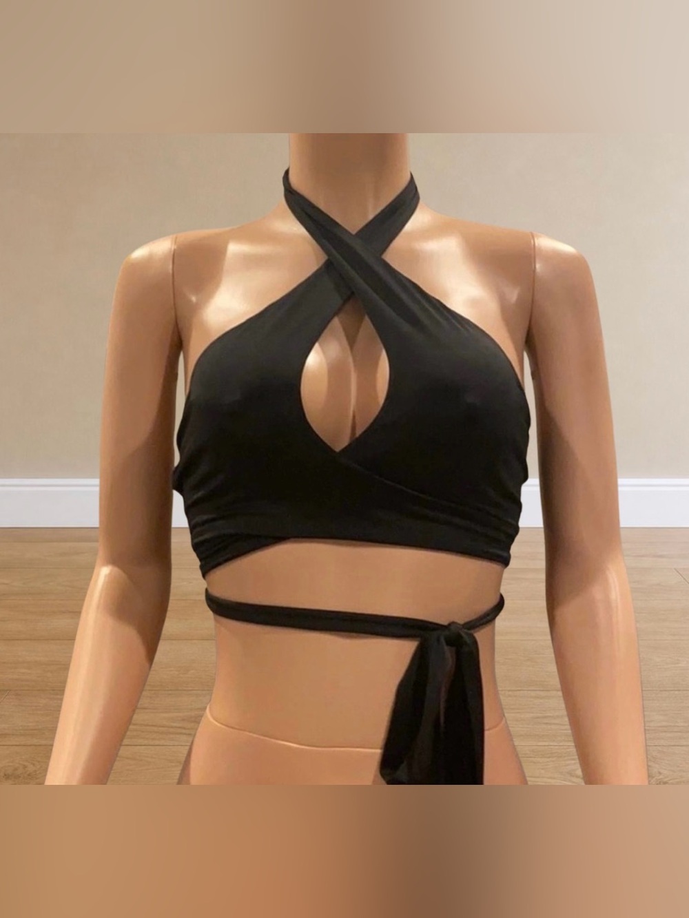 AKIRA Black Keyhole Halter Wrap Tie Crop Top Backless Y2K Small